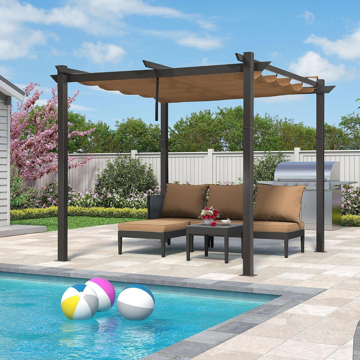 PURPLE LEAF Outdoor Retractable Pergola with Sun Shade Canopy Patio Aluminum Pergola With Curtains