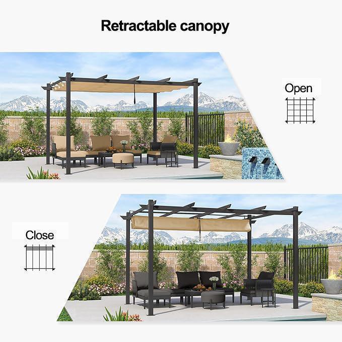 PURPLE LEAF Outdoor Retractable Pergola with Sun Shade Canopy Patio Aluminum Pergola With Curtains