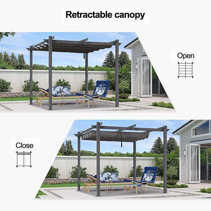 PURPLE LEAF Outdoor Retractable Pergola with Sun Shade Canopy Patio Aluminum Pergola With Curtains