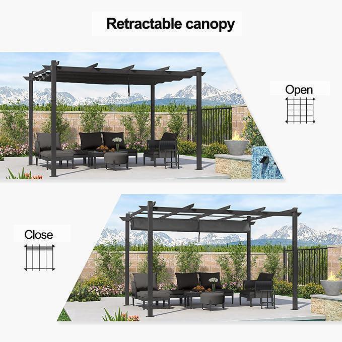 PURPLE LEAF Outdoor Retractable Pergola with Sun Shade Canopy Patio Aluminum Pergola With Curtains