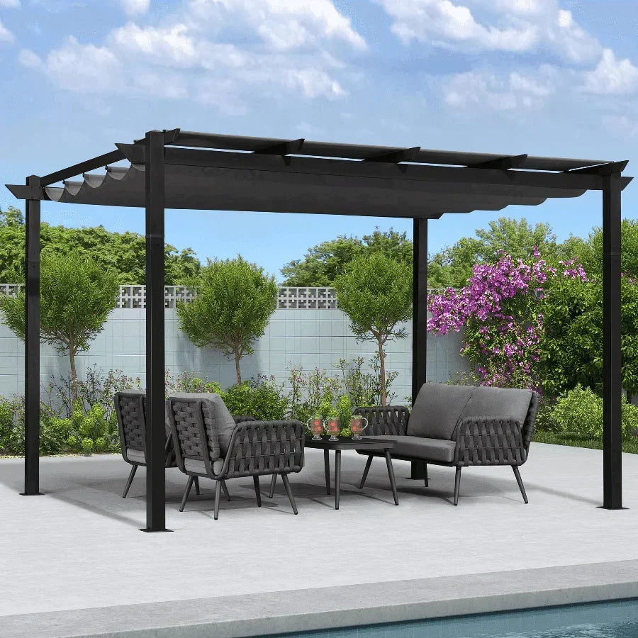 PURPLE LEAF Outdoor Retractable Pergola with Sun Shade Canopy Patio Aluminum Pergola With Curtains