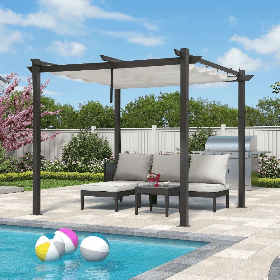 PURPLE LEAF Outdoor Retractable Pergola with Sun Shade Canopy Patio Aluminum Pergola With Curtains