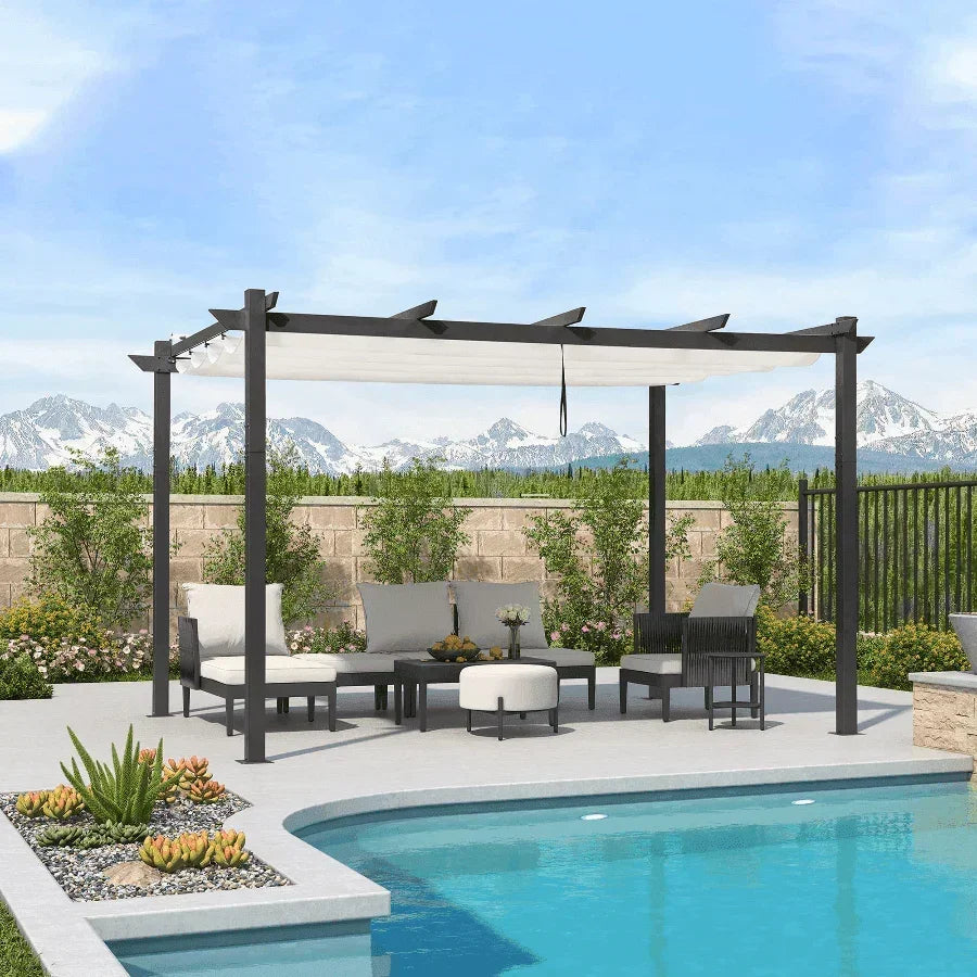 PURPLE LEAF Outdoor Retractable Pergola with Sun Shade Canopy Patio Aluminum Pergola With Curtains