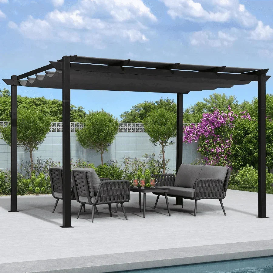 PURPLE LEAF Outdoor Retractable Pergola with Sun Shade Canopy Patio Aluminum Pergola With Curtains
