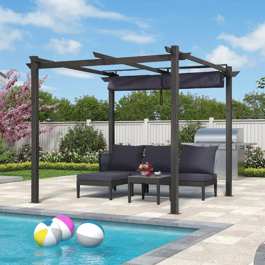PURPLE LEAF Outdoor Retractable Pergola with Sun Shade Canopy Patio Aluminum Pergola With Curtains