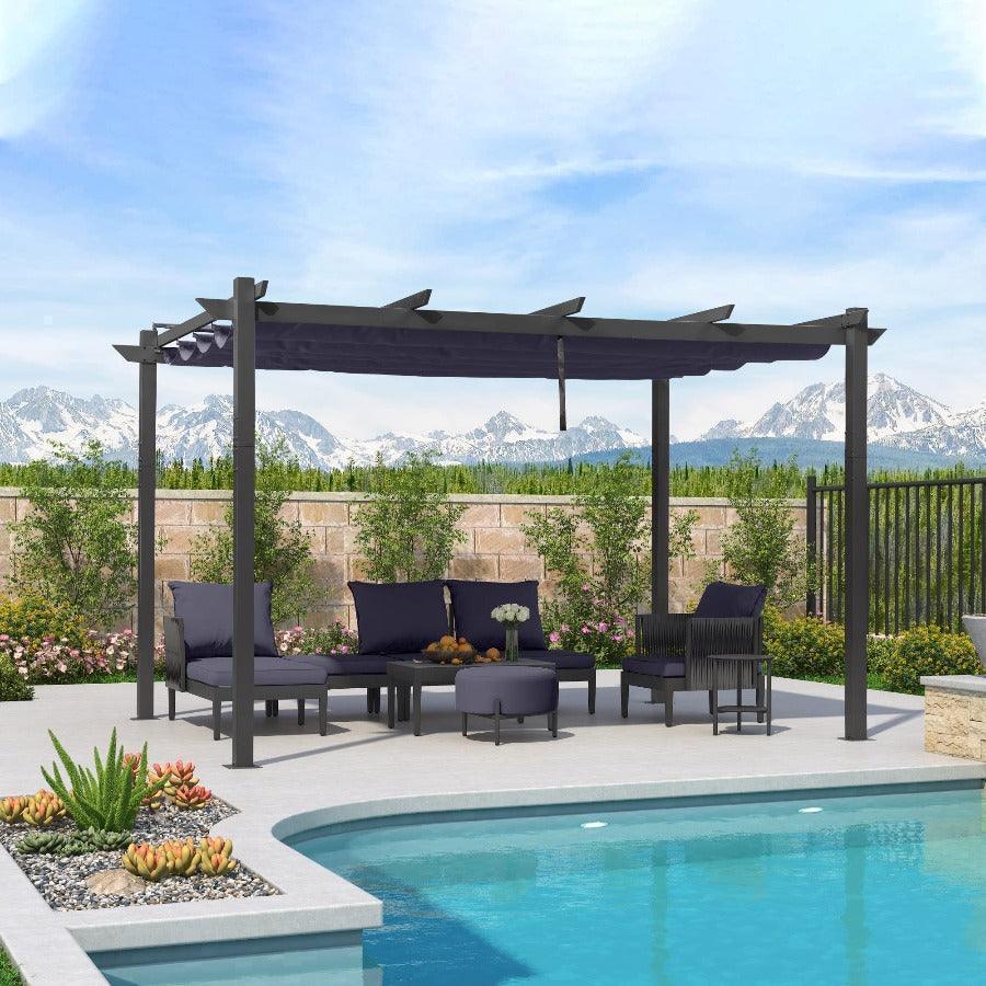 PURPLE LEAF Outdoor Retractable Pergola with Sun Shade Canopy Patio Aluminum Pergola With Curtains