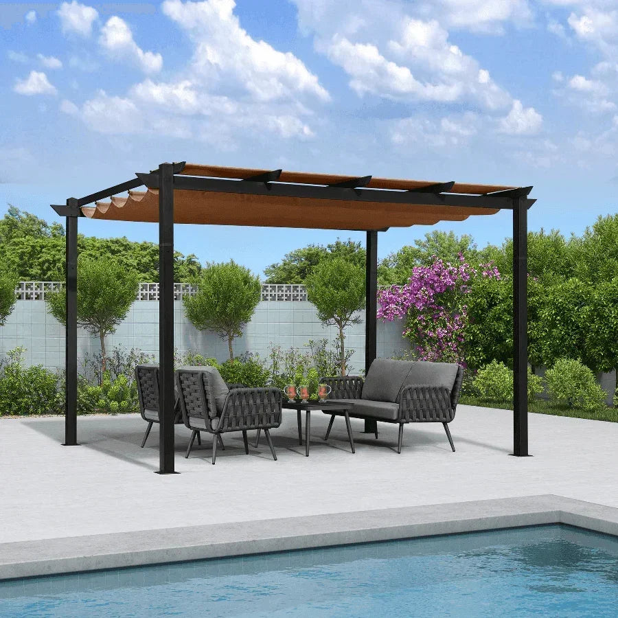 PURPLE LEAF Outdoor Retractable Pergola with Sun Shade Canopy Patio Aluminum Pergola With Curtains