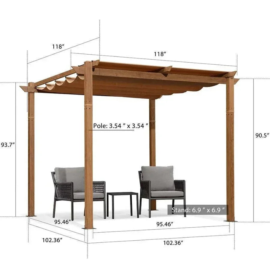 PURPLE LEAF Outdoor Retractable Pergola with Sun Shade Canopy In Natural Wood Grain Frame With Curtains