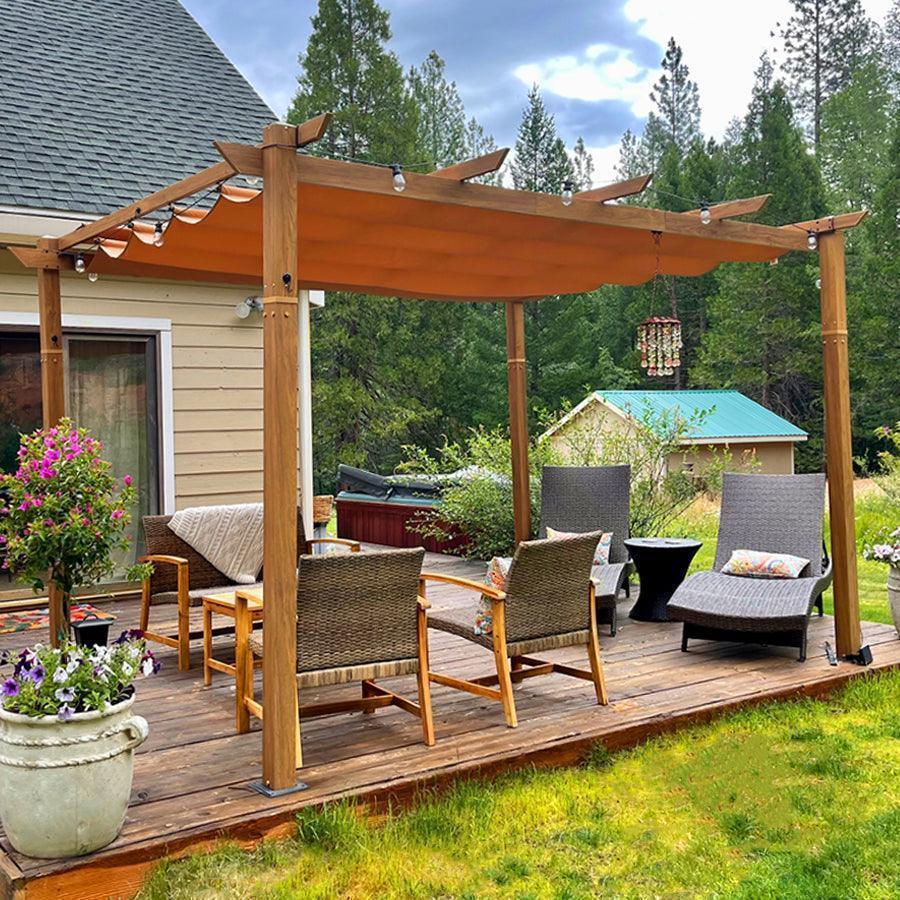 PURPLE LEAF Outdoor Retractable Pergola with Sun Shade Canopy In Natural Wood Grain Frame With Curtains