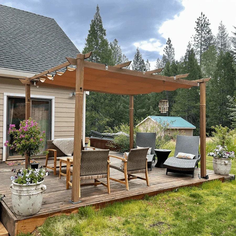 PURPLE LEAF Outdoor Retractable Pergola with Sun Shade Canopy In Natural Wood Grain Frame With Curtains