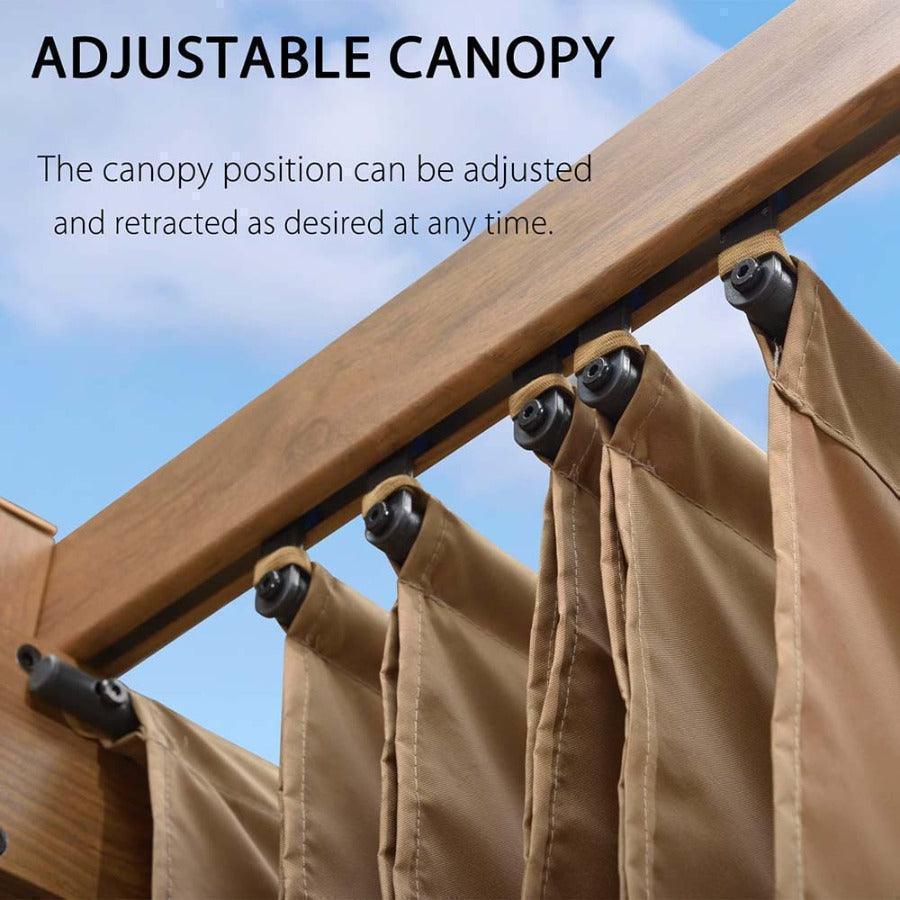 PURPLE LEAF Outdoor Retractable Pergola with Sun Shade Canopy In Natural Wood Grain Frame With Curtains