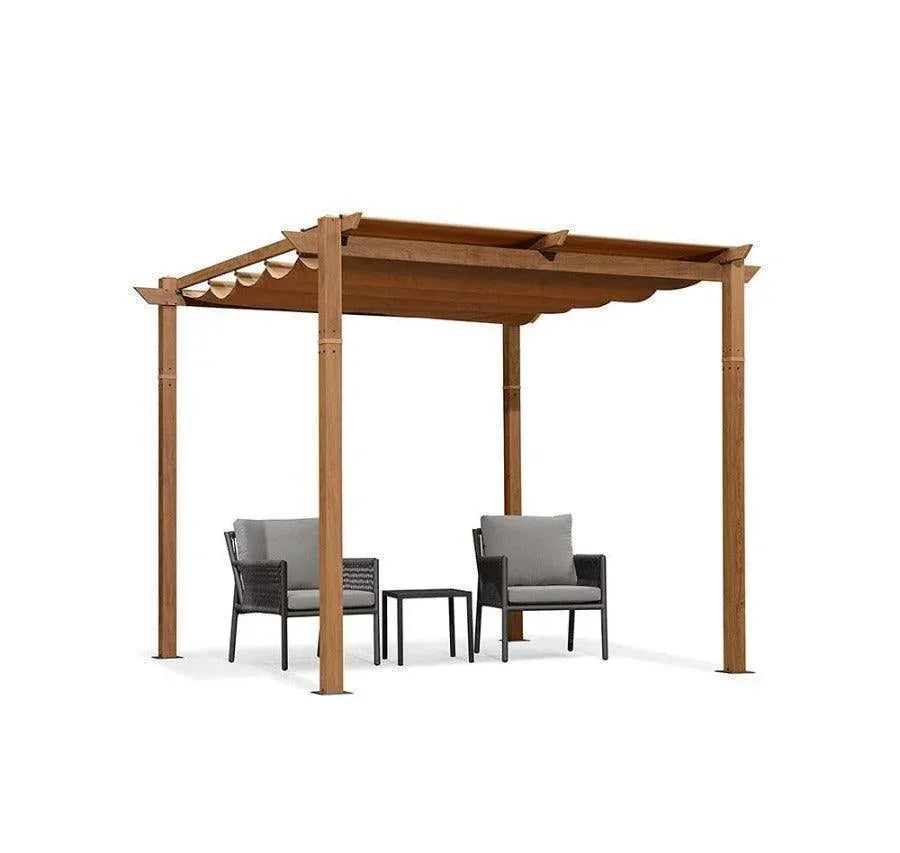 PURPLE LEAF Outdoor Retractable Pergola with Sun Shade Canopy In Natural Wood Grain Frame With Curtains
