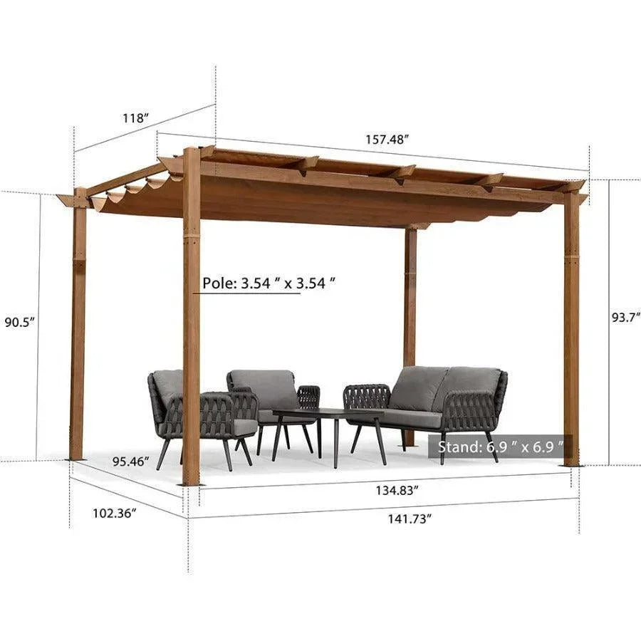 PURPLE LEAF Outdoor Retractable Pergola with Sun Shade Canopy In Natural Wood Grain Frame With Curtains