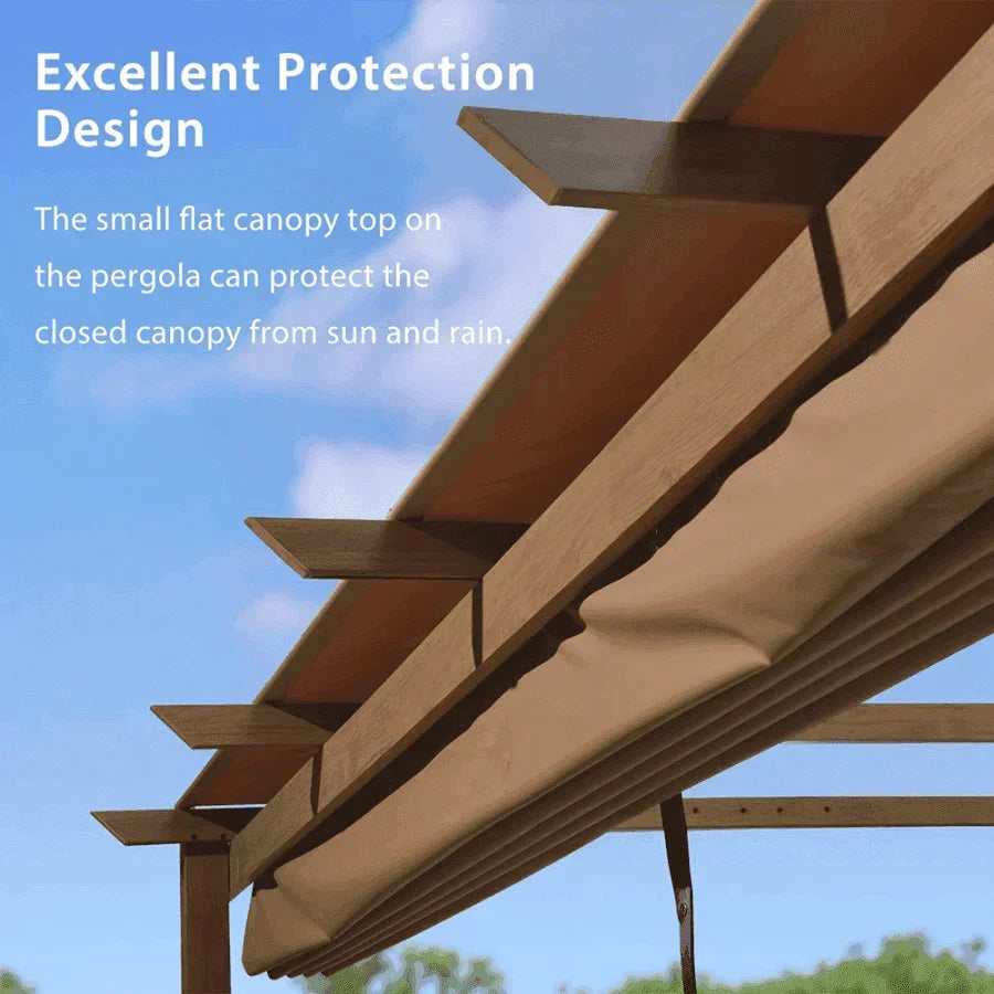 PURPLE LEAF Outdoor Retractable Pergola with Sun Shade Canopy In Natural Wood Grain Frame With Curtains
