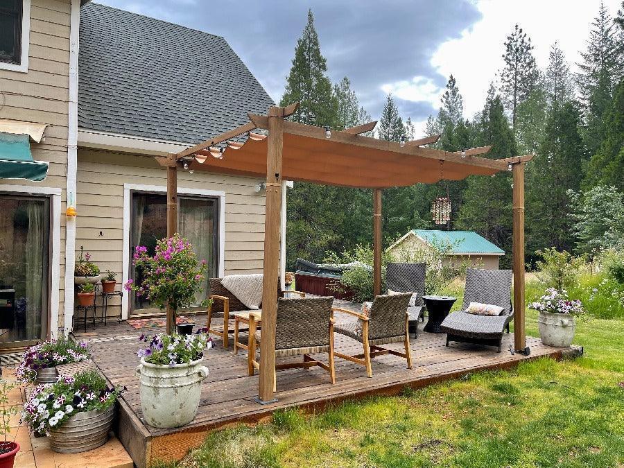 PURPLE LEAF Outdoor Retractable Pergola with Sun Shade Canopy In Natural Wood Grain Frame With Curtains