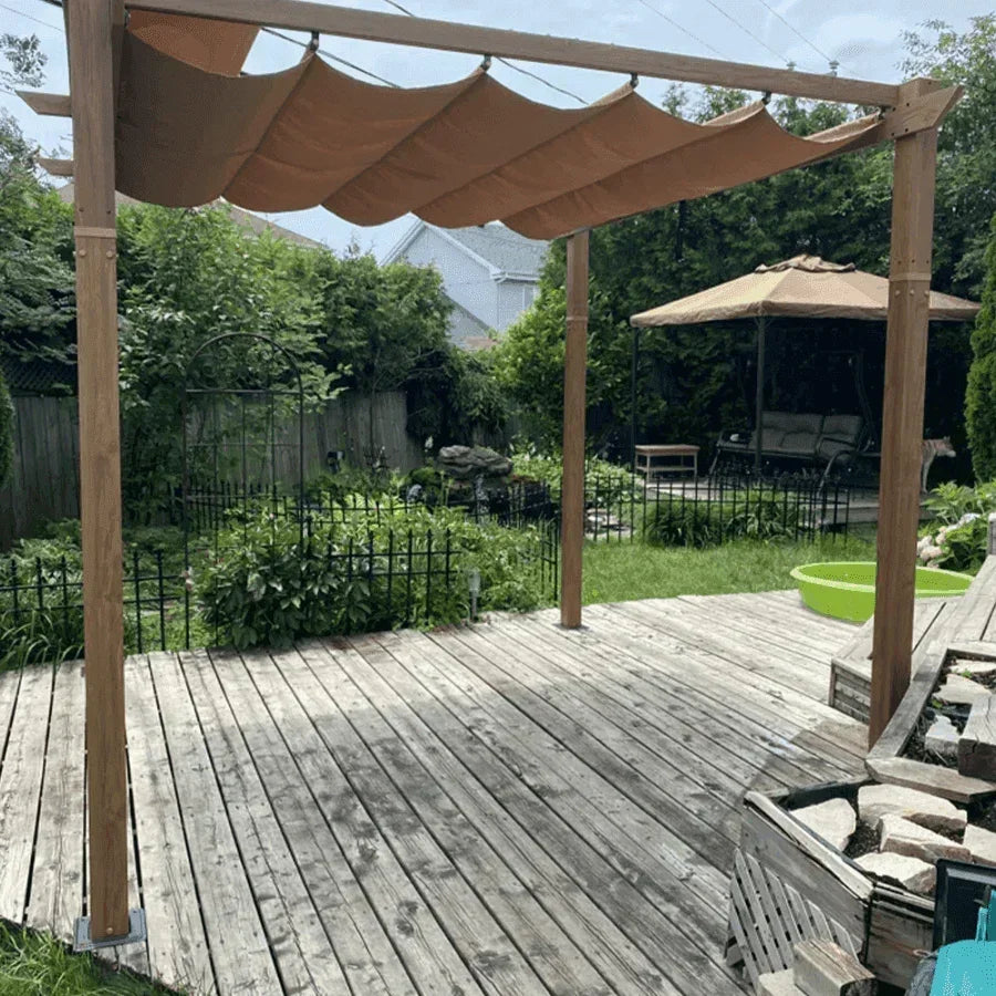 PURPLE LEAF Outdoor Retractable Pergola with Sun Shade Canopy In Natural Wood Grain Frame With Curtains