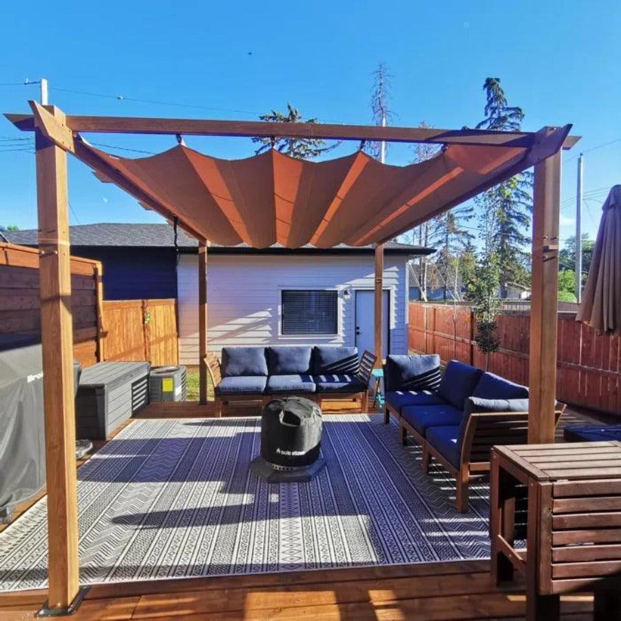 PURPLE LEAF Outdoor Retractable Pergola with Sun Shade Canopy In Natural Wood Grain Frame With Curtains