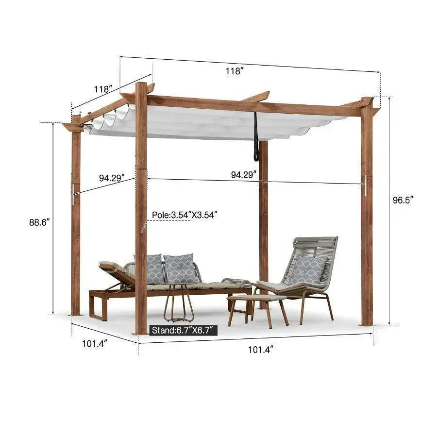 PURPLE LEAF Outdoor Retractable Pergola with Sun Shade Canopy In Natural Wood Grain Frame With Curtains