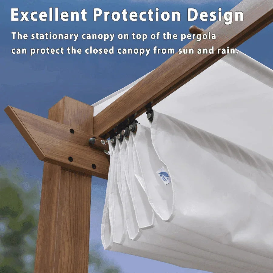 PURPLE LEAF Outdoor Retractable Pergola with Sun Shade Canopy In Natural Wood Grain Frame With Curtains