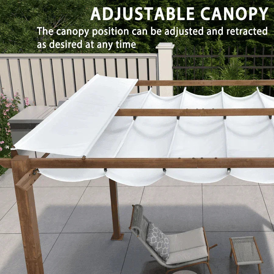 PURPLE LEAF Outdoor Retractable Pergola with Sun Shade Canopy In Natural Wood Grain Frame With Curtains