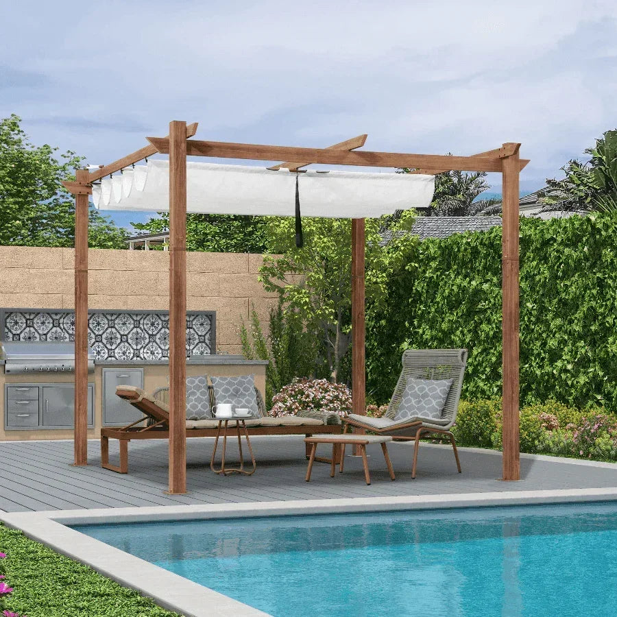 PURPLE LEAF Outdoor Retractable Pergola with Sun Shade Canopy In Natural Wood Grain Frame With Curtains
