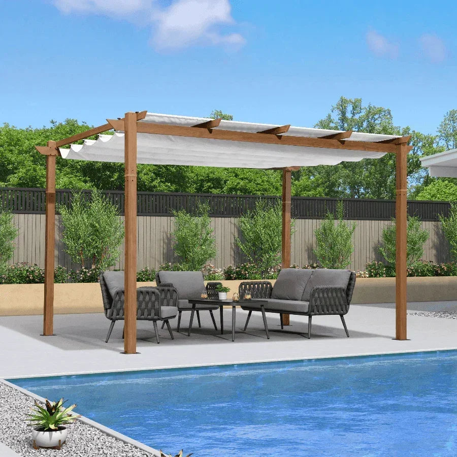 PURPLE LEAF Outdoor Retractable Pergola with Sun Shade Canopy In Natural Wood Grain Frame With Curtains