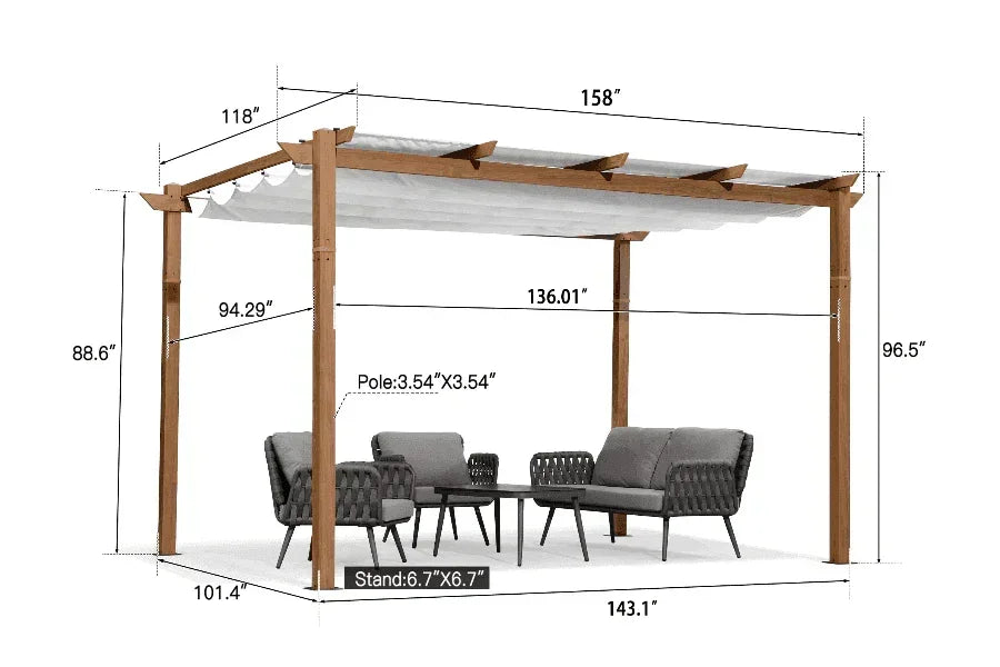 PURPLE LEAF Outdoor Retractable Pergola with Sun Shade Canopy In Natural Wood Grain Frame With Curtains