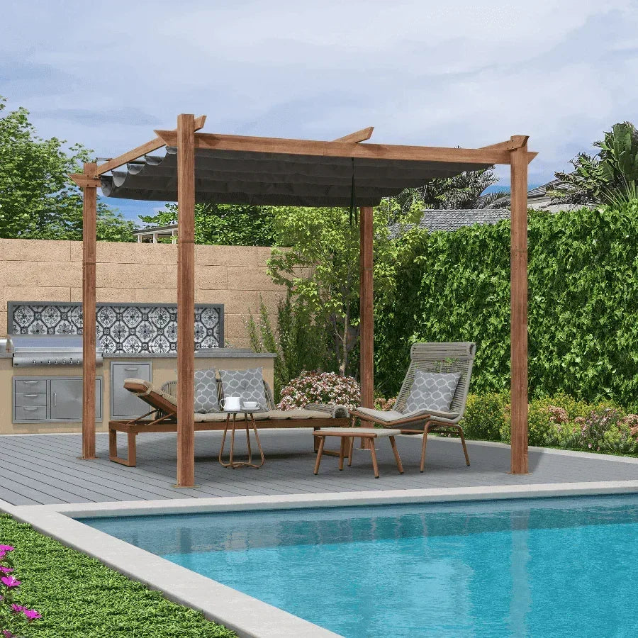 PURPLE LEAF Outdoor Retractable Pergola with Sun Shade Canopy In Natural Wood Grain Frame With Curtains