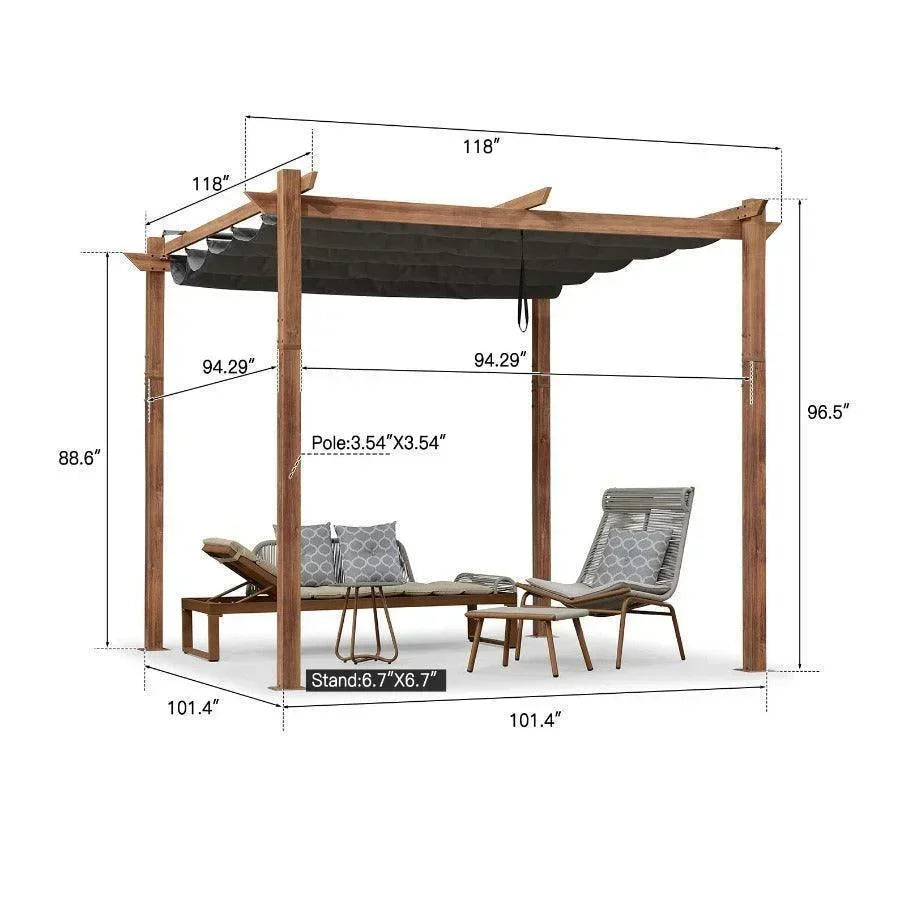 PURPLE LEAF Outdoor Retractable Pergola with Sun Shade Canopy In Natural Wood Grain Frame With Curtains