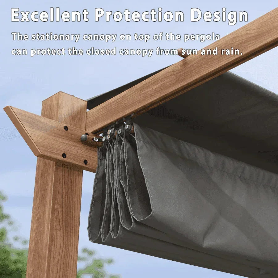 PURPLE LEAF Outdoor Retractable Pergola with Sun Shade Canopy In Natural Wood Grain Frame With Curtains