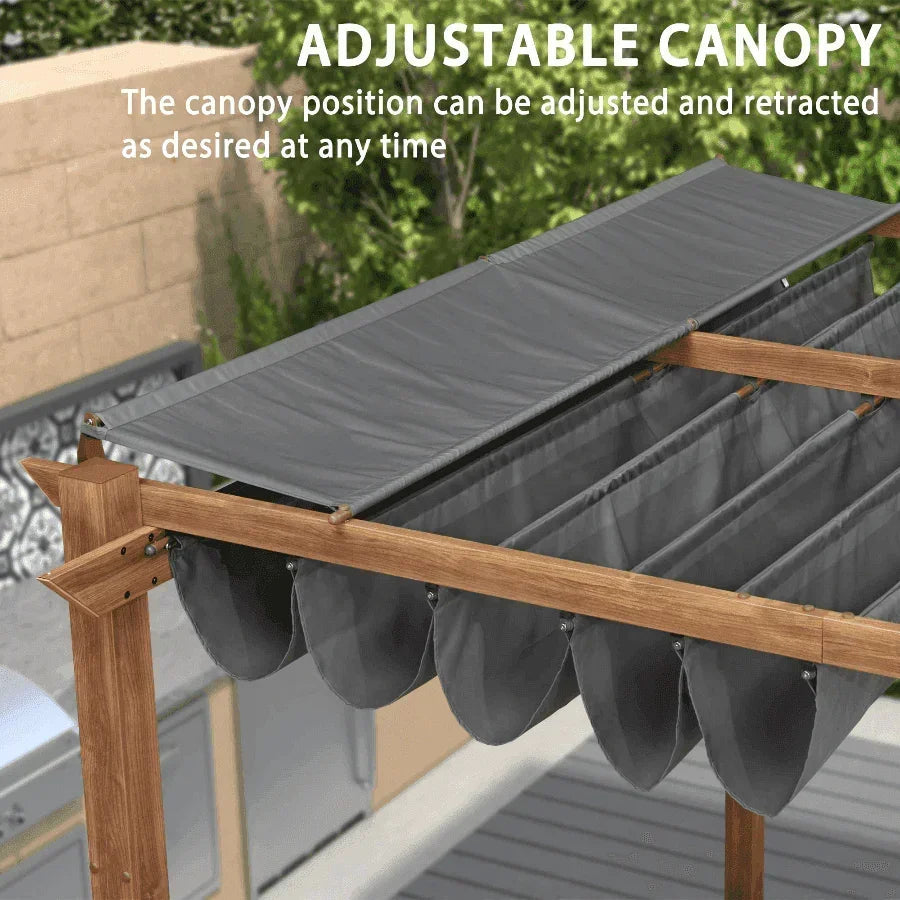 PURPLE LEAF Outdoor Retractable Pergola with Sun Shade Canopy In Natural Wood Grain Frame With Curtains