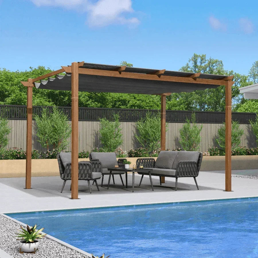 PURPLE LEAF Outdoor Retractable Pergola with Sun Shade Canopy In Natural Wood Grain Frame With Curtains
