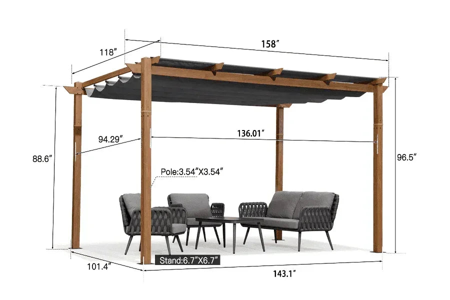 PURPLE LEAF Outdoor Retractable Pergola with Sun Shade Canopy In Natural Wood Grain Frame With Curtains
