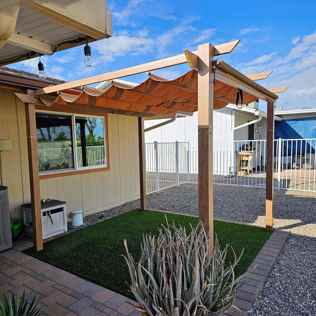 PURPLE LEAF Outdoor Retractable Pergola with Sun Shade Canopy In Natural Wood Grain Frame With Curtains