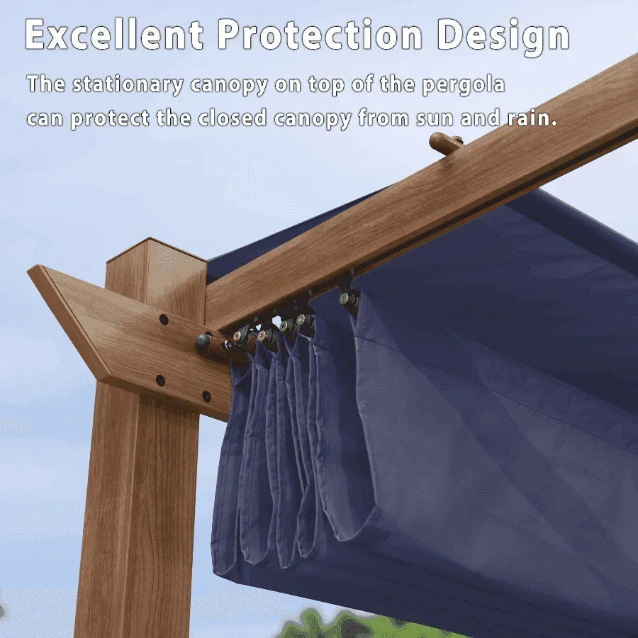 PURPLE LEAF Outdoor Retractable Pergola with Sun Shade Canopy In Natural Wood Grain Frame With Curtains