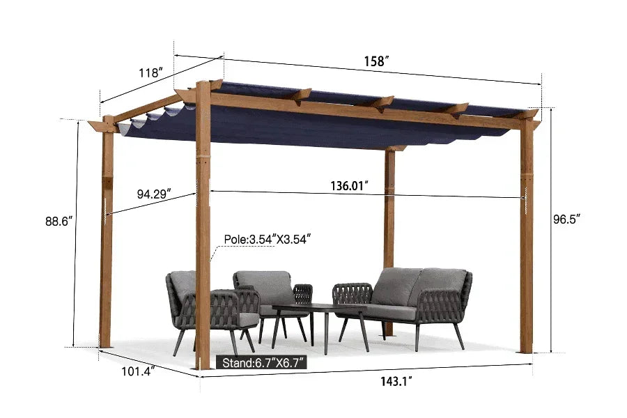 PURPLE LEAF Outdoor Retractable Pergola with Sun Shade Canopy In Natural Wood Grain Frame With Curtains