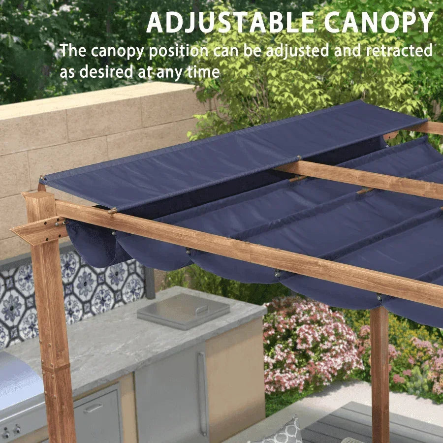 PURPLE LEAF Outdoor Retractable Pergola with Sun Shade Canopy In Natural Wood Grain Frame With Curtains