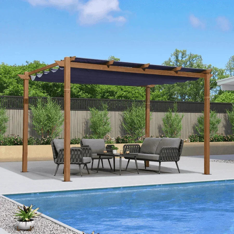 PURPLE LEAF Outdoor Retractable Pergola with Sun Shade Canopy In Natural Wood Grain Frame With Curtains