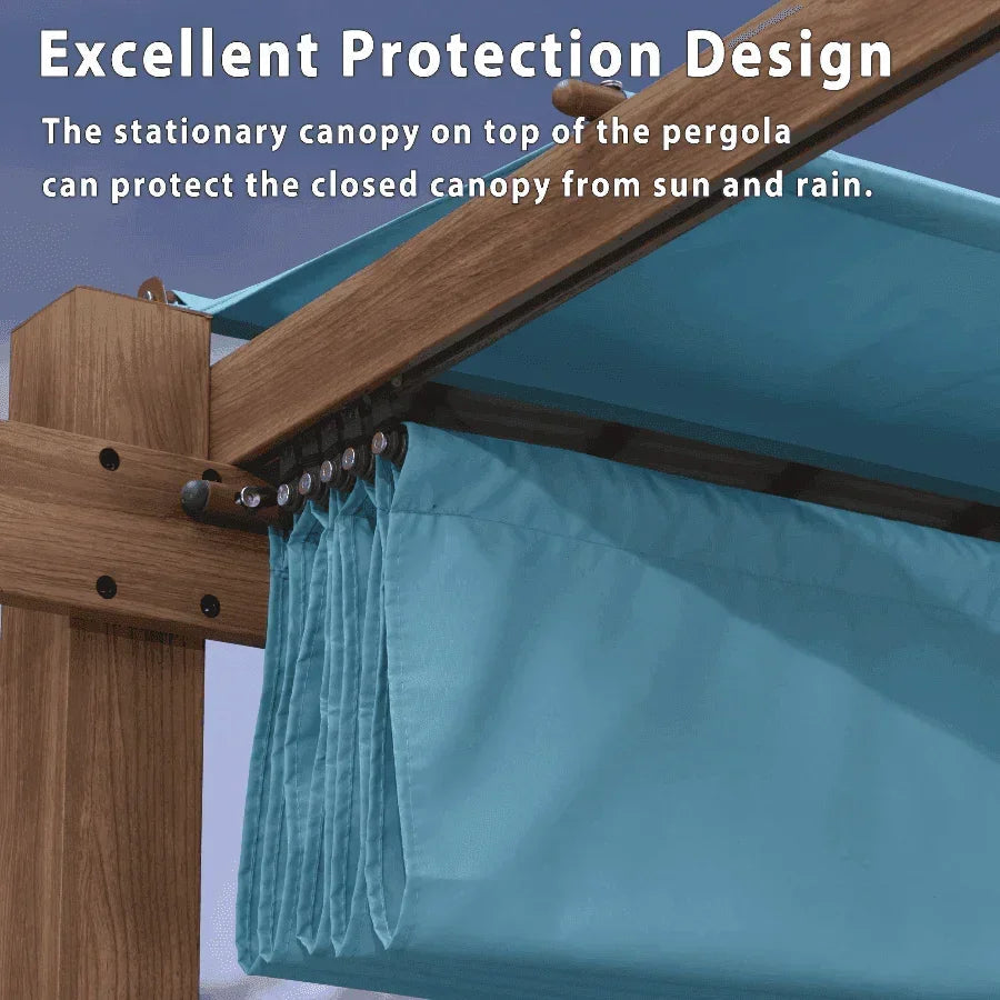 PURPLE LEAF Outdoor Retractable Pergola with Sun Shade Canopy In Natural Wood Grain Frame With Curtains