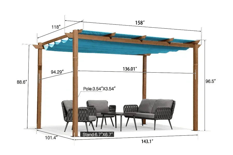 PURPLE LEAF Outdoor Retractable Pergola with Sun Shade Canopy In Natural Wood Grain Frame With Curtains