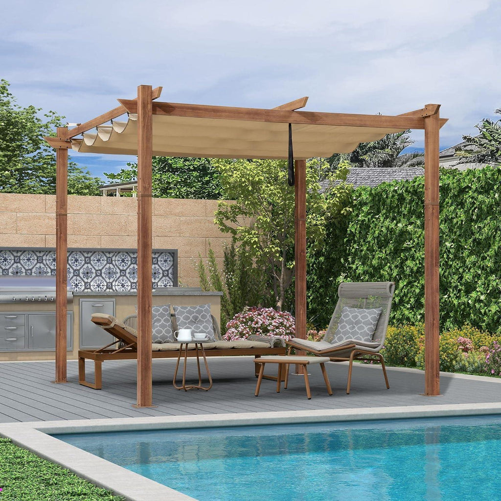 PURPLE LEAF Outdoor Retractable Pergola with Sun Shade Canopy In Natural Wood Grain Frame With Curtains