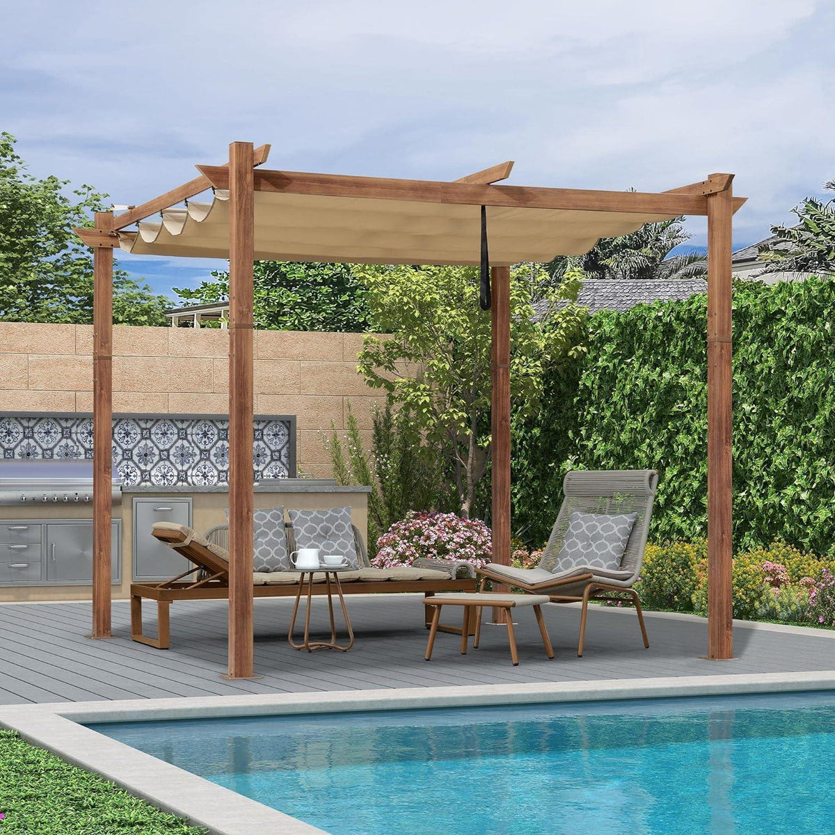 PURPLE LEAF Outdoor Retractable Pergola with Sun Shade Canopy In Natural Wood Grain Frame With Curtains