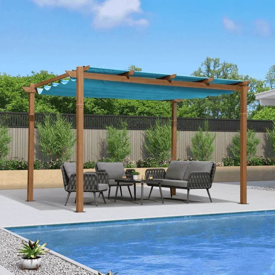 PURPLE LEAF Outdoor Retractable Pergola with Sun Shade Canopy In Natural Wood Grain Frame With Curtains