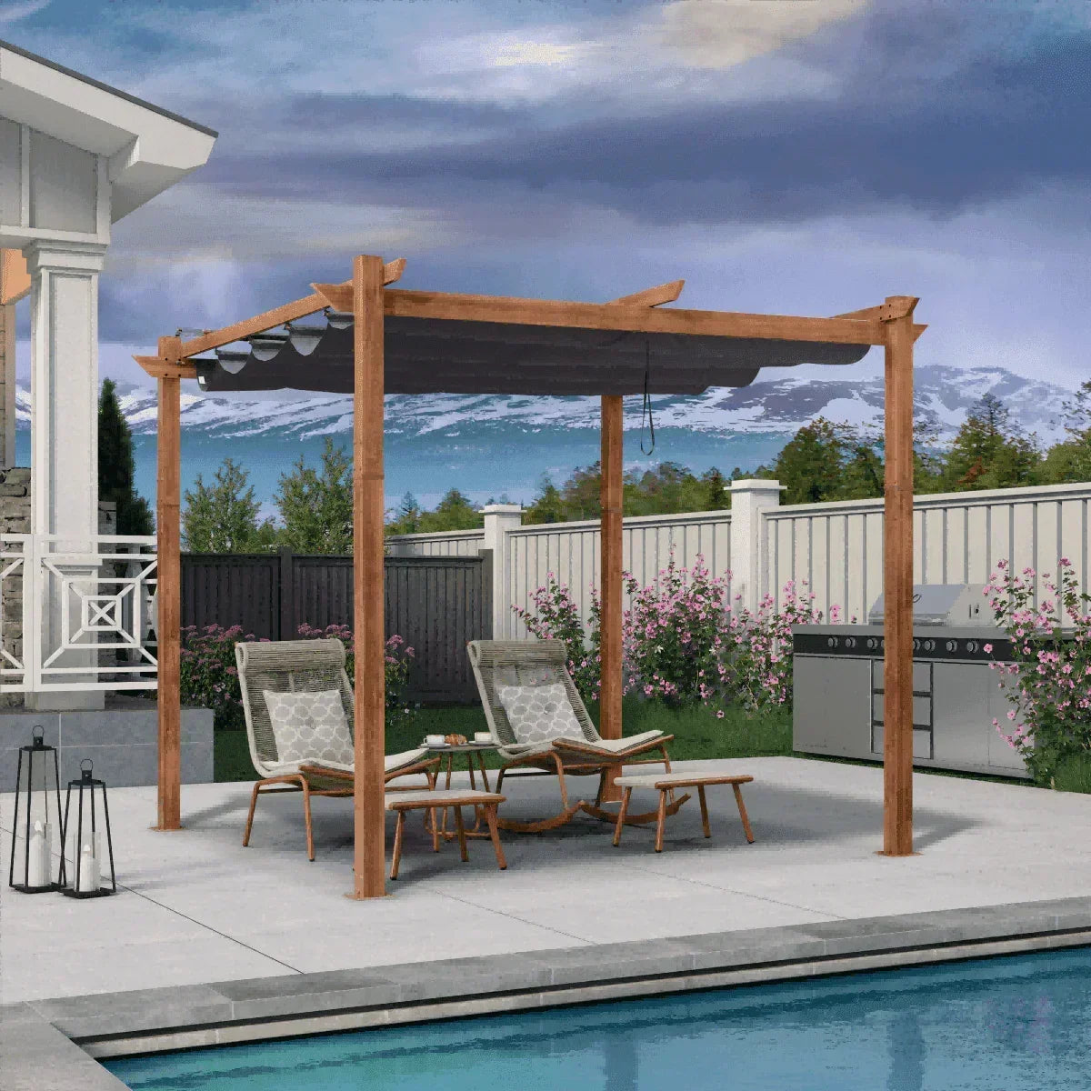 PURPLE LEAF Outdoor Retractable Pergola with Sun Shade Canopy In Natural Wood Grain Frame With Curtains