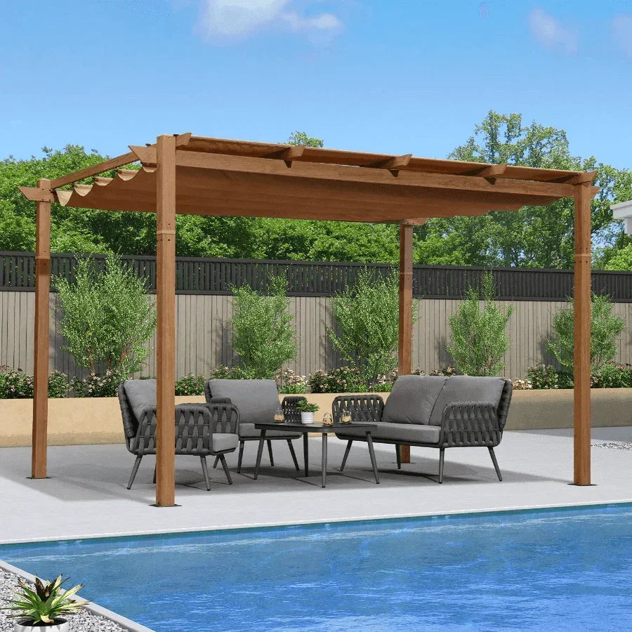 PURPLE LEAF Outdoor Retractable Pergola with Sun Shade Canopy In Natural Wood Grain Frame With Curtains