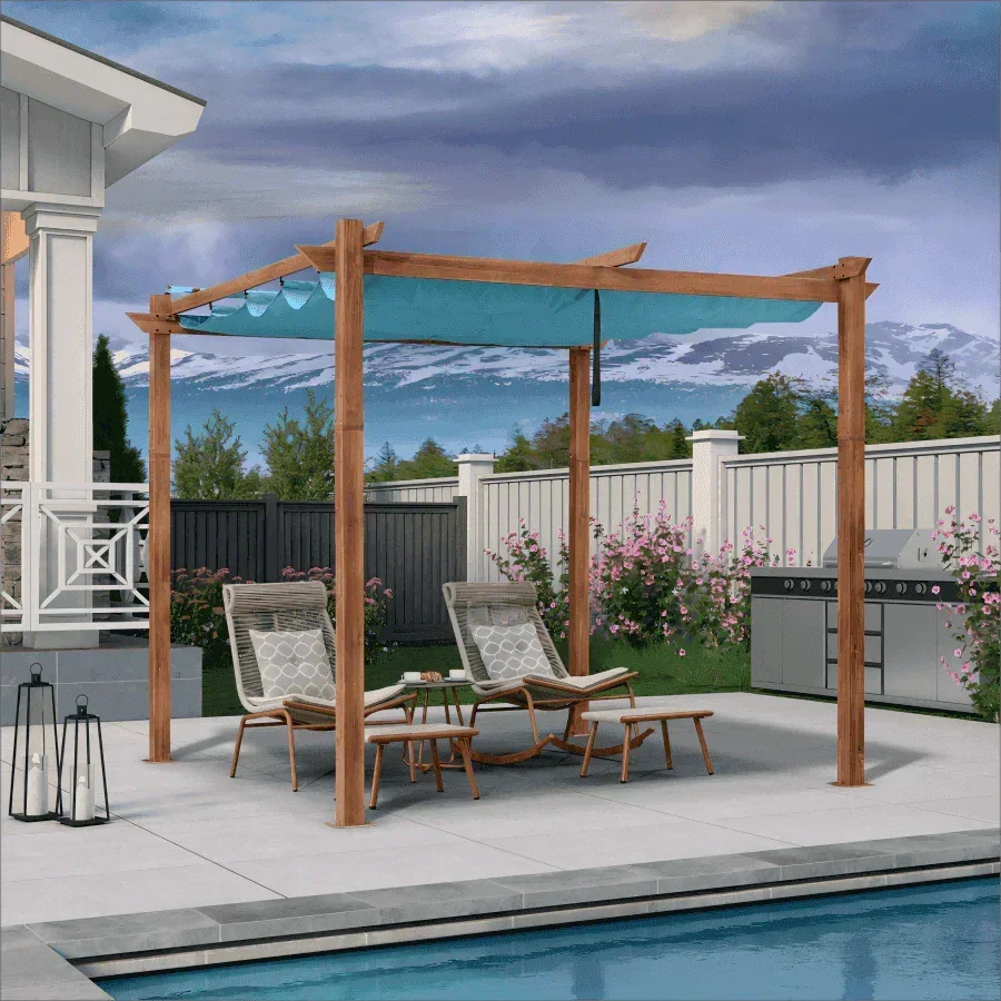 PURPLE LEAF Outdoor Retractable Pergola with Sun Shade Canopy In Natural Wood Grain Frame With Curtains