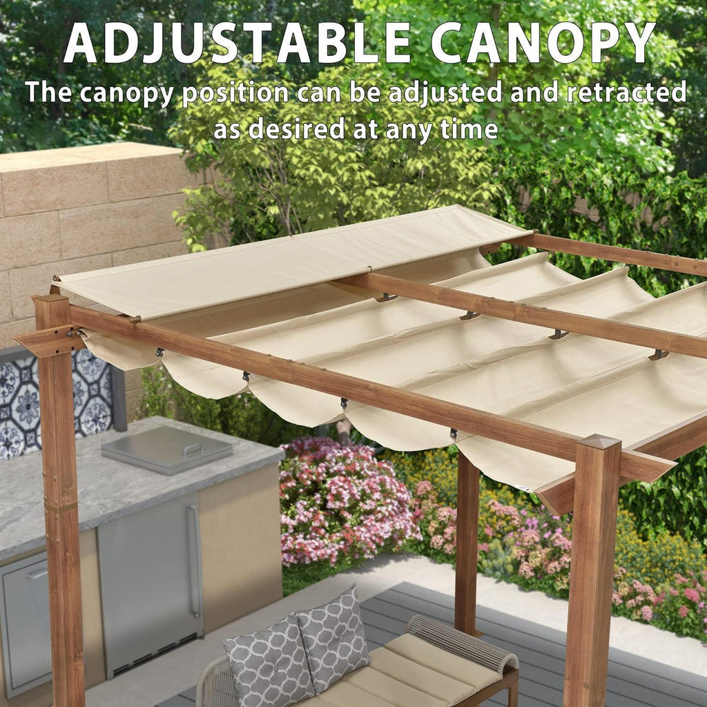 PURPLE LEAF Outdoor Retractable Pergola with Sun Shade Canopy In Natural Wood Grain Frame With Curtains