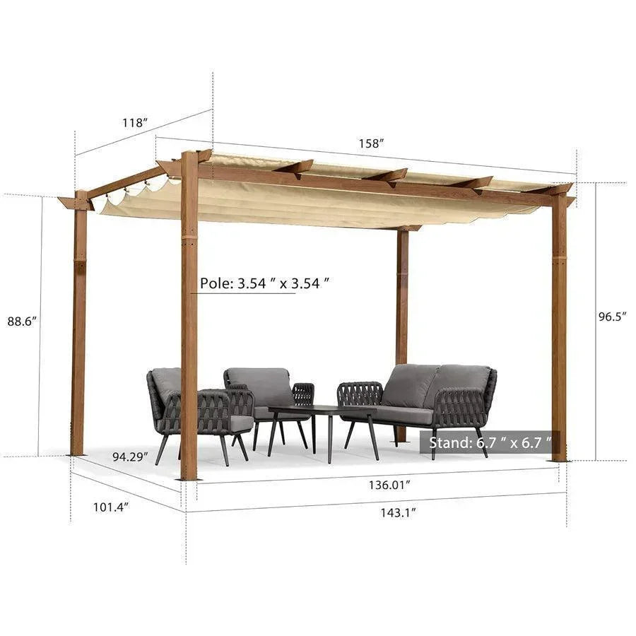 PURPLE LEAF Outdoor Retractable Pergola with Sun Shade Canopy In Natural Wood Grain Frame With Curtains