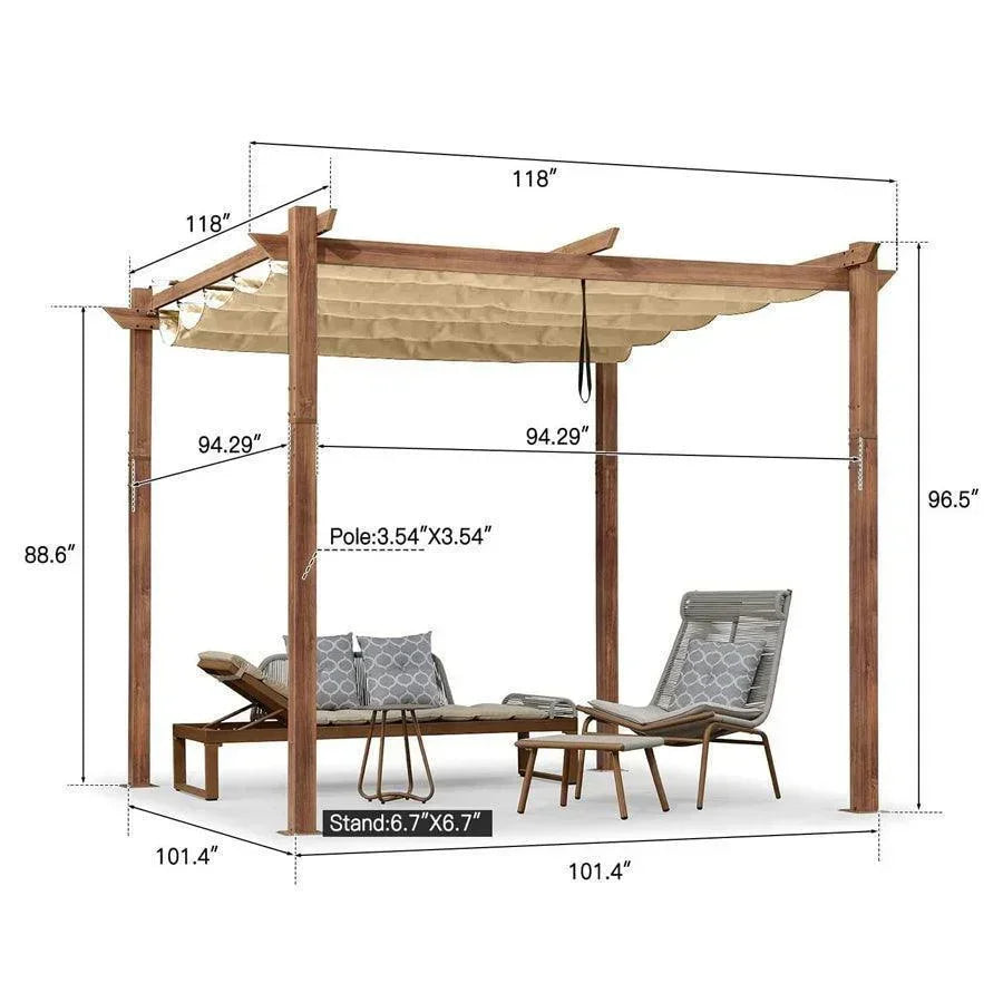 PURPLE LEAF Outdoor Retractable Pergola with Sun Shade Canopy In Natural Wood Grain Frame With Curtains