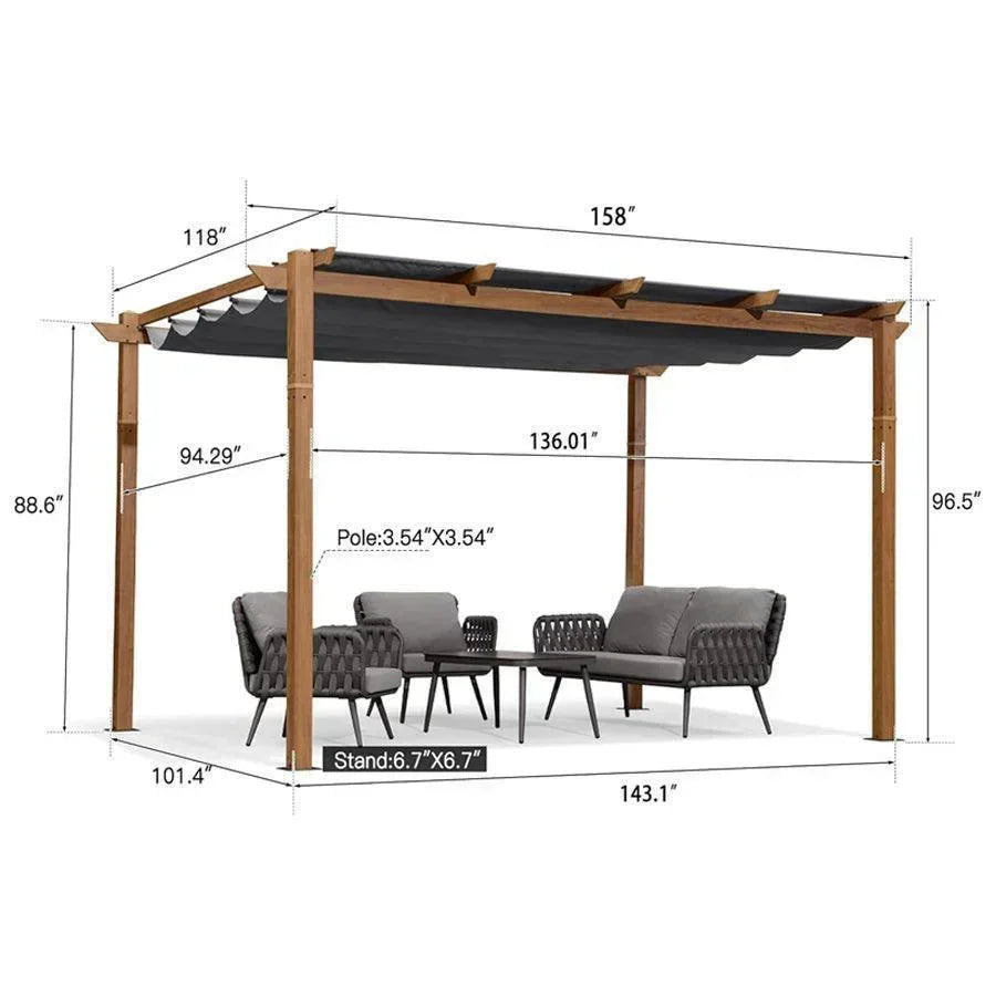 PURPLE LEAF Outdoor Retractable Pergola with Sun Shade Canopy In Natural Wood Grain Frame With Curtains
